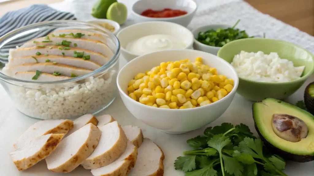 Ingredients for Street Corn Chicken Rice Bowl including chicken, corn, rice, and spices arranged on a kitchen counter.