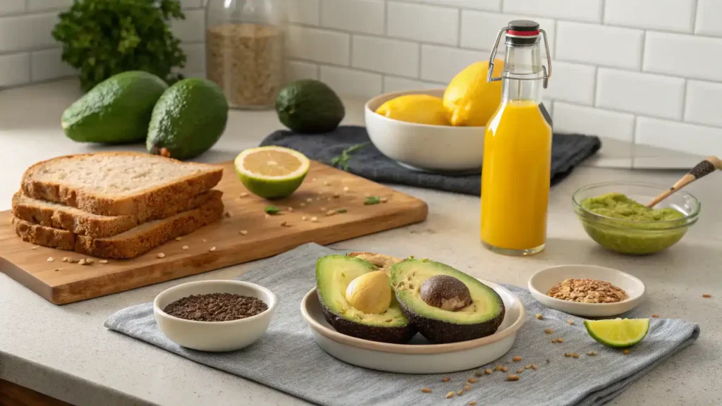 Ingredients for making avocado toast including avocados, bread, and seasonings.