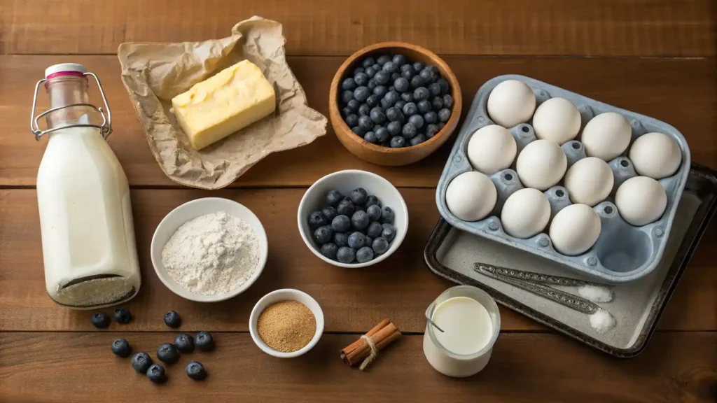 Ingredients for blueberry muffins displayed on a wooden table.