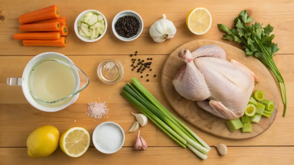 Fresh ingredients for caldo de pollo displayed on a wooden table.