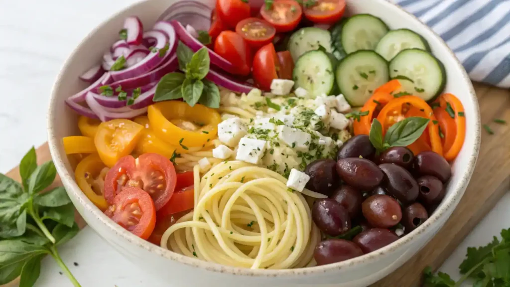 A colorful array of ingredients for Cold Italian Pasta Salad, including pasta, vegetables, olives, and cheese.