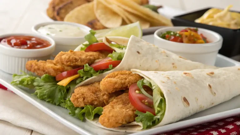 Ingredients for a crispy chicken wrap displayed on a wooden table.