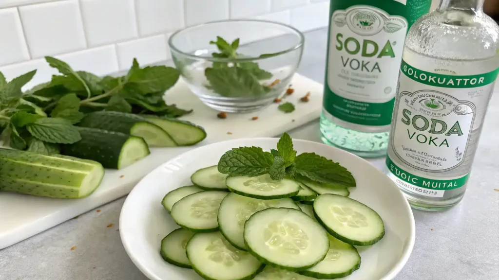 Ingredients for Cucumber Mint Vodka Spritz laid out on a table.