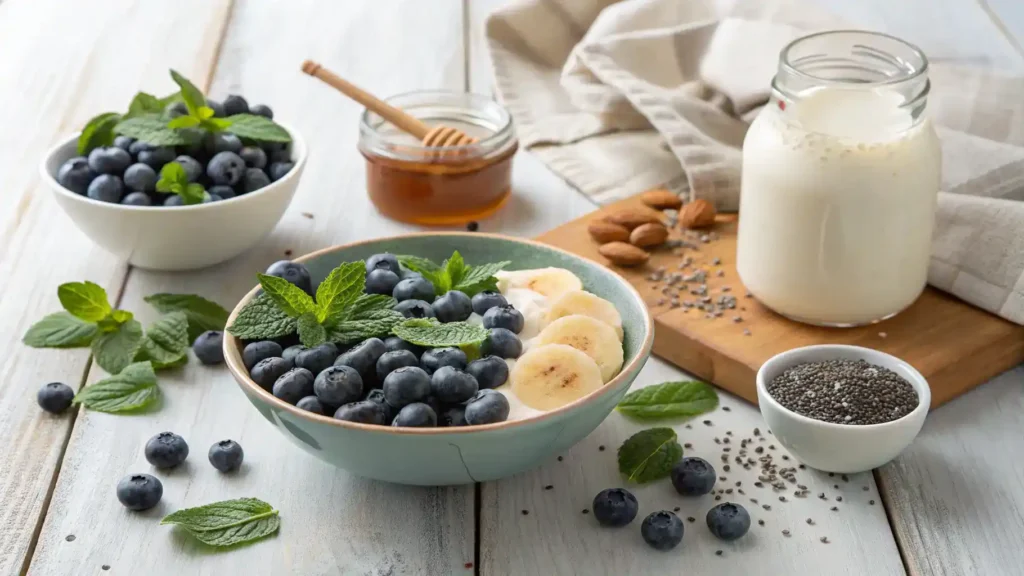 A collection of ingredients for a frozen blueberry dessert, including frozen blueberries, Greek yogurt, honey, banana, almond milk, chia seeds, and fresh mint leaves.