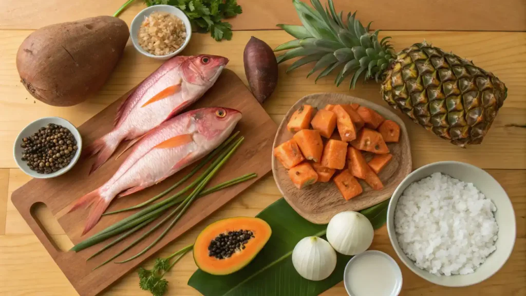 A selection of fresh Hawaiian ingredients for cooking.