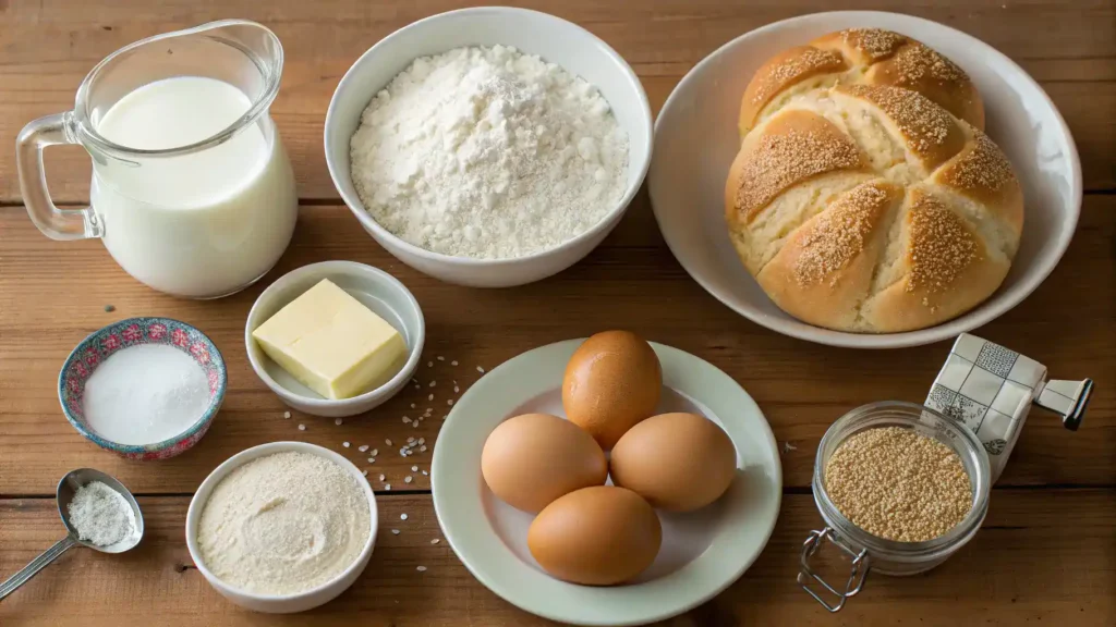 Ingredients for making Kaiser Rolls displayed on a wooden surface.