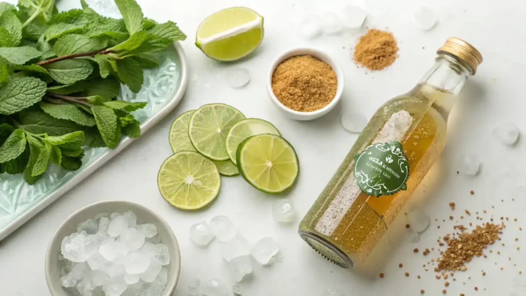 Ingredients for a Kombucha Mojito laid out on a table.
