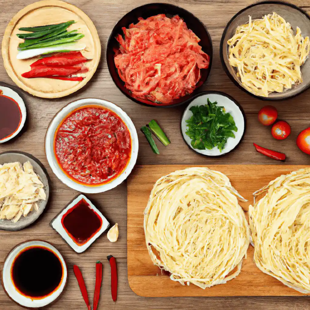 Ingredients for kung fu noodles including noodles, vegetables, and sauces.