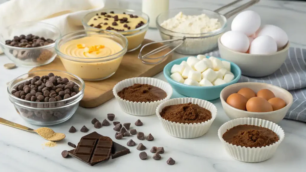 Ingredients for Loaded Brownie Cheesecake Cups including brownie mix, cream cheese, eggs, and chocolate chips.