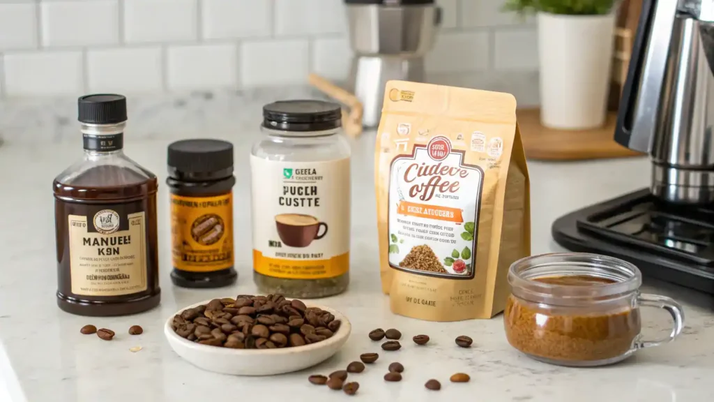 Ingredients for Miso-Spiked Coffee displayed on a kitchen counter.