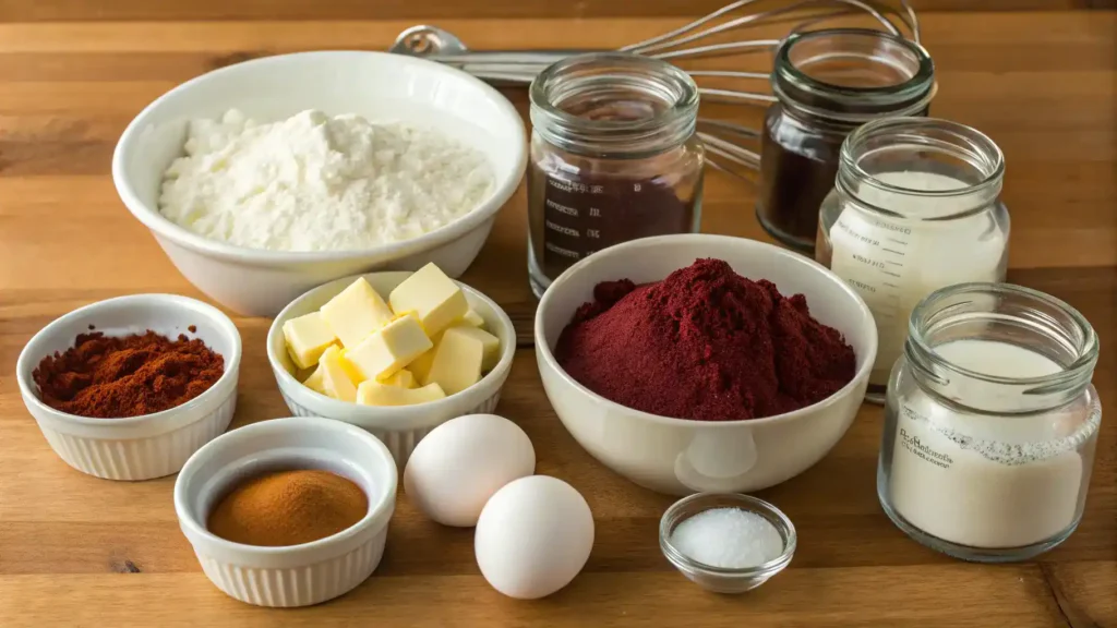 Ingredients for red velvet cake including flour, cocoa powder, and red food coloring displayed on a kitchen counter.