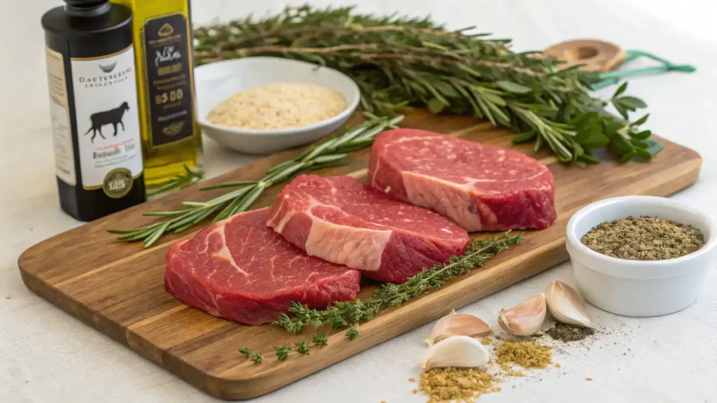 Ingredients for Riverbend Ranch steaks including olive oil, garlic powder, and fresh herbs on a cutting board.