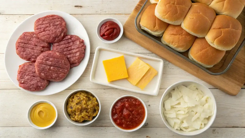 Ingredients for making savvy sliders displayed on a wooden table.