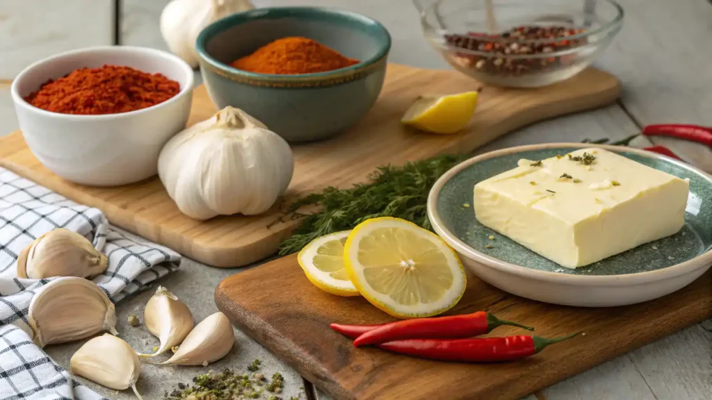 Ingredients for seafood boil sauce including butter, garlic, and spices.