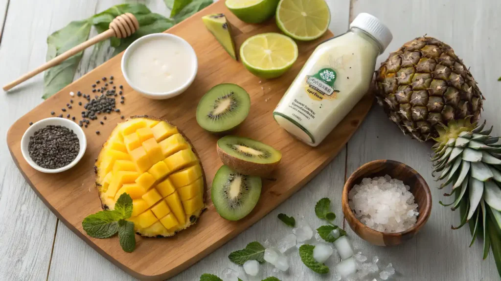 Ingredients for the Siren of the Tropics drink displayed on a wooden table.