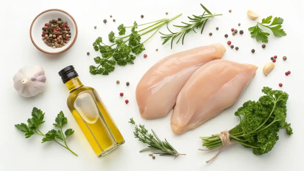 Ingredients for Skillet Creamy Chicken displayed on a wooden countertop.