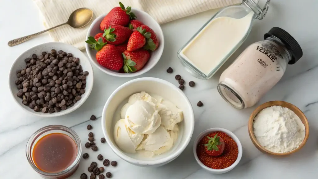 Ingredients for small batch ice cream including heavy cream, whole milk, sugar, and vanilla extract.