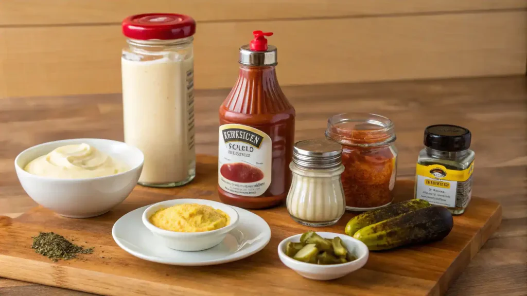 Ingredients for smash burger sauce displayed on a wooden countertop.