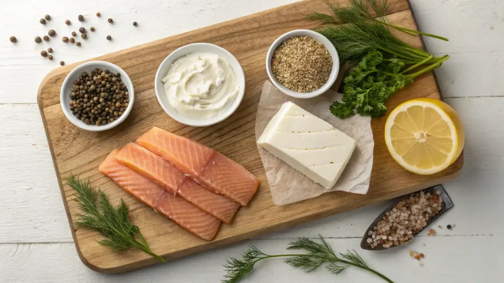 Ingredients for Smoked Trout Dip including smoked trout, cream cheese, and fresh herbs on a wooden board.