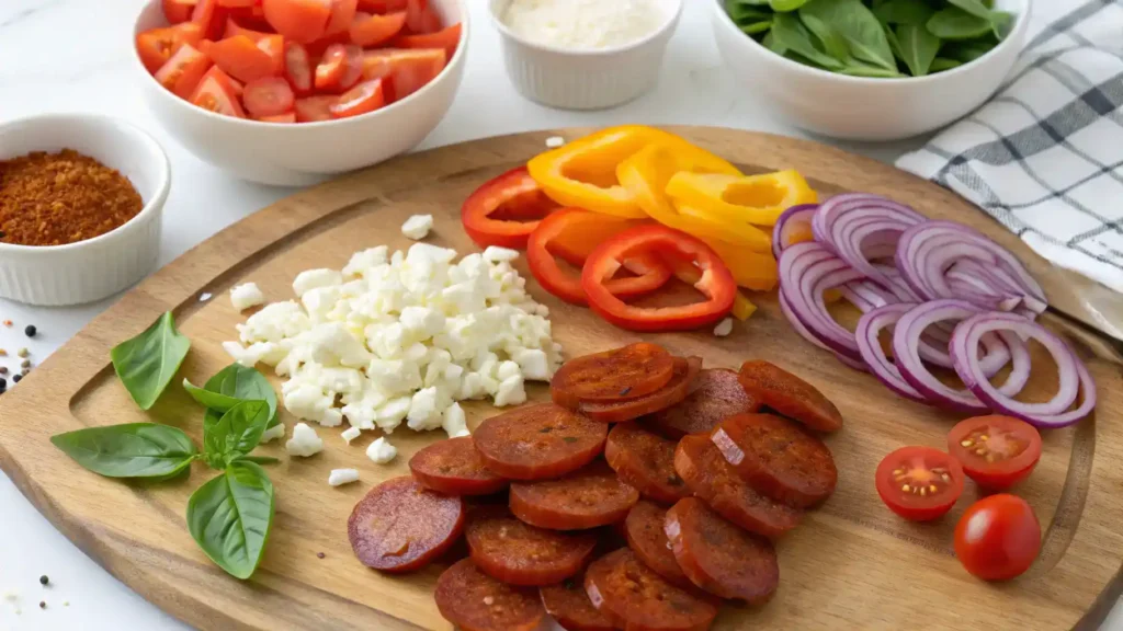 Ingredients for Spicy Chorizo Pizza including chorizo, dough, cheese, and vegetables displayed on a cutting board.