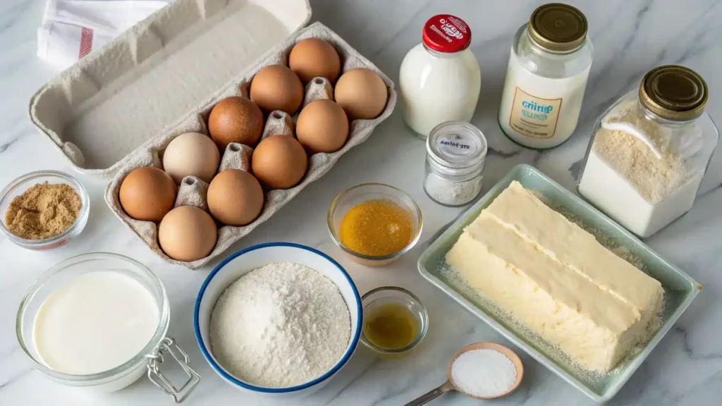 Ingredients for tres leches cake including flour, sugar, eggs, and milk.