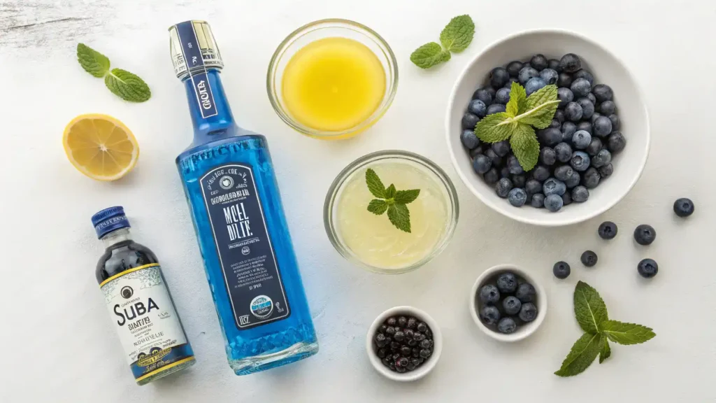 Ingredients for the Royal Blue Cocktail displayed on a wooden table.