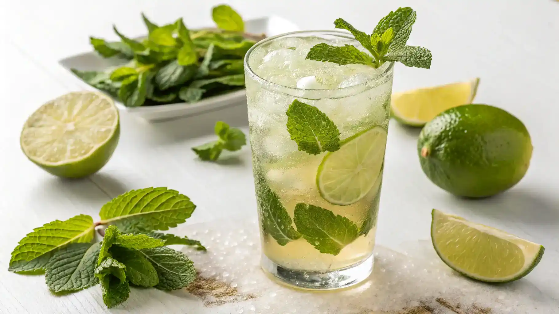 A beautifully garnished Kombucha Mojito in a glass.