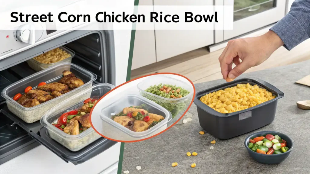 Storage and reheating tips for Street Corn Chicken Rice Bowl with containers and instructions.