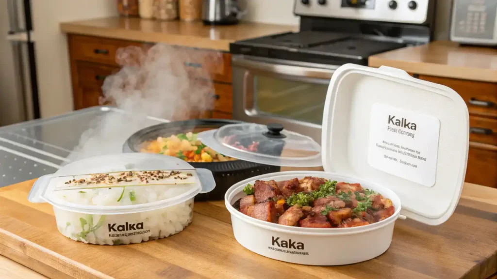 Storing and reheating Hawaiian food in a kitchen.