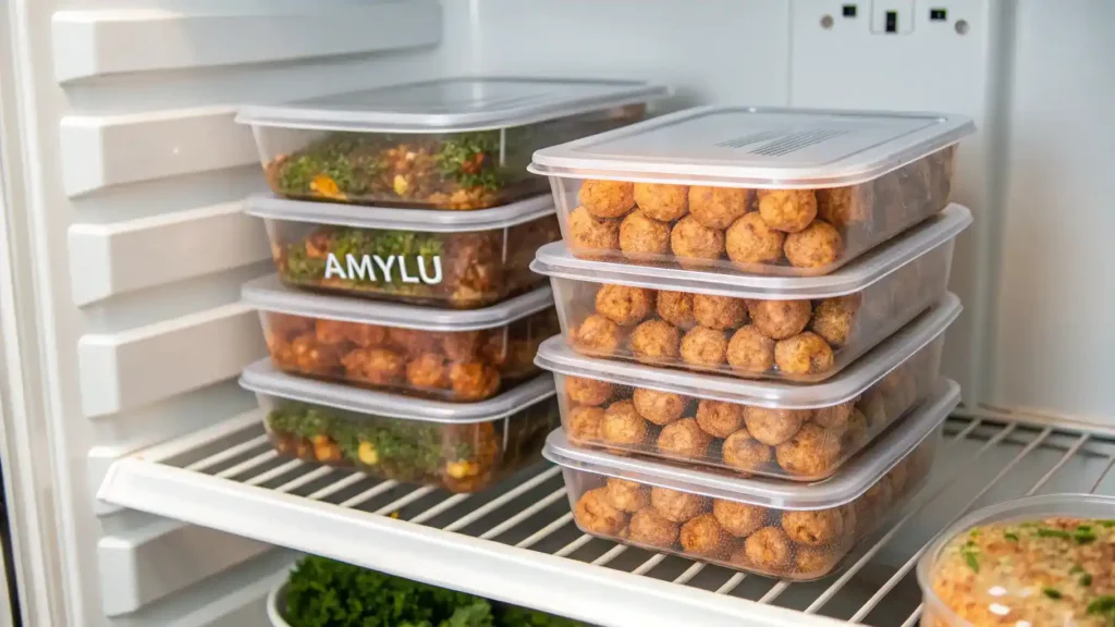 Amylu chicken meatballs stored in airtight containers in a refrigerator.