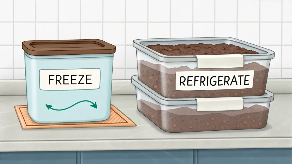 Storage tips for brownie batter dip with containers and labels.