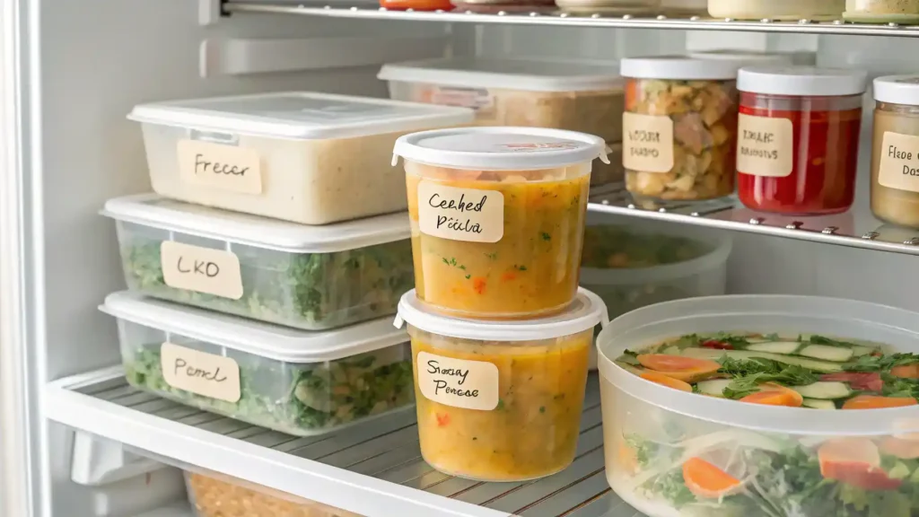 Proper storage methods for caldo de pollo in airtight containers.
