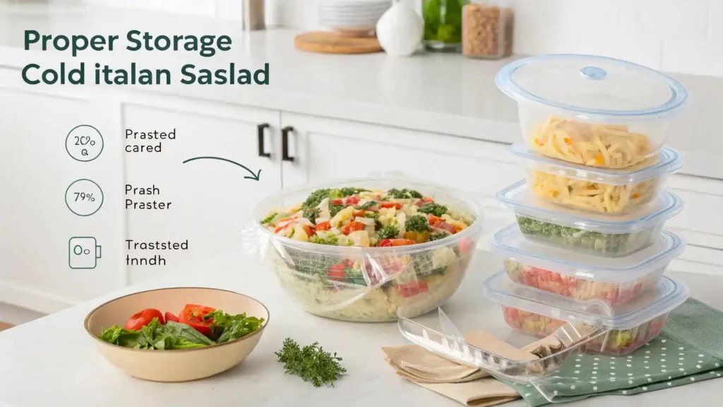 Proper storage methods for Cold Italian Pasta Salad, showcasing airtight containers and refrigerator.