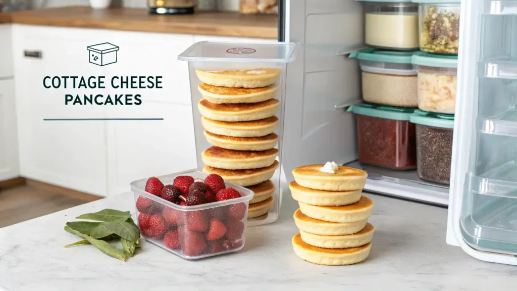 Proper storage methods for cottage cheese pancakes displayed with containers.