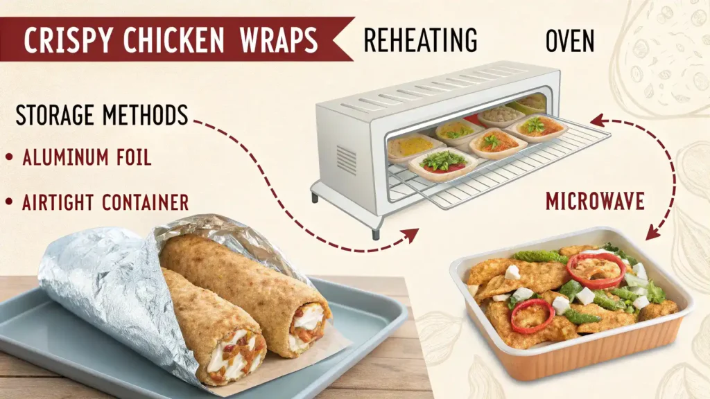 Storage and reheating tips for crispy chicken wraps.