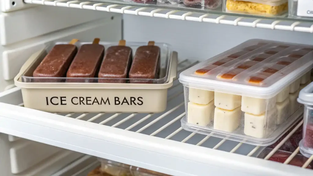 Proper storage methods for homemade ice cream bars in a freezer.