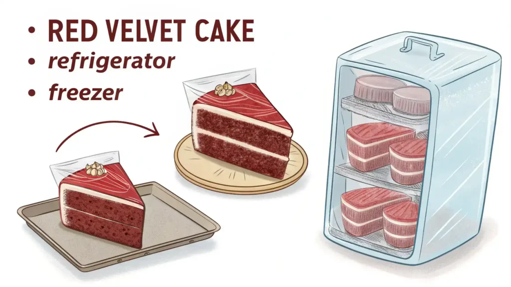 Storage and freezing methods for red velvet cake displayed with labeled containers.