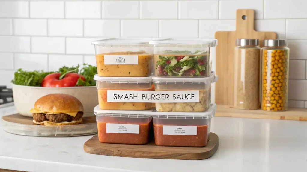 Storage methods for smash burger sauce with containers and labels.