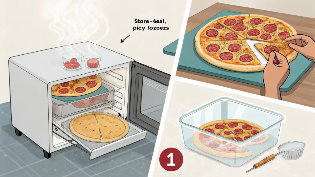 Storage and reheating methods for Spicy Chorizo Pizza, including wrapping and baking.