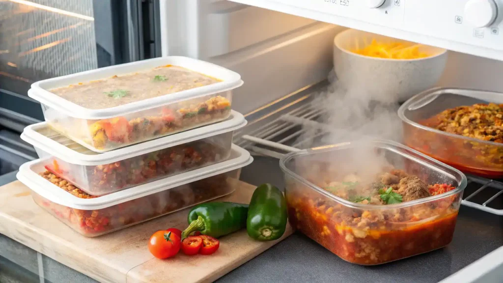 Storage and reheating tips for Stuffed Pepper Casserole, including airtight containers and oven reheating.