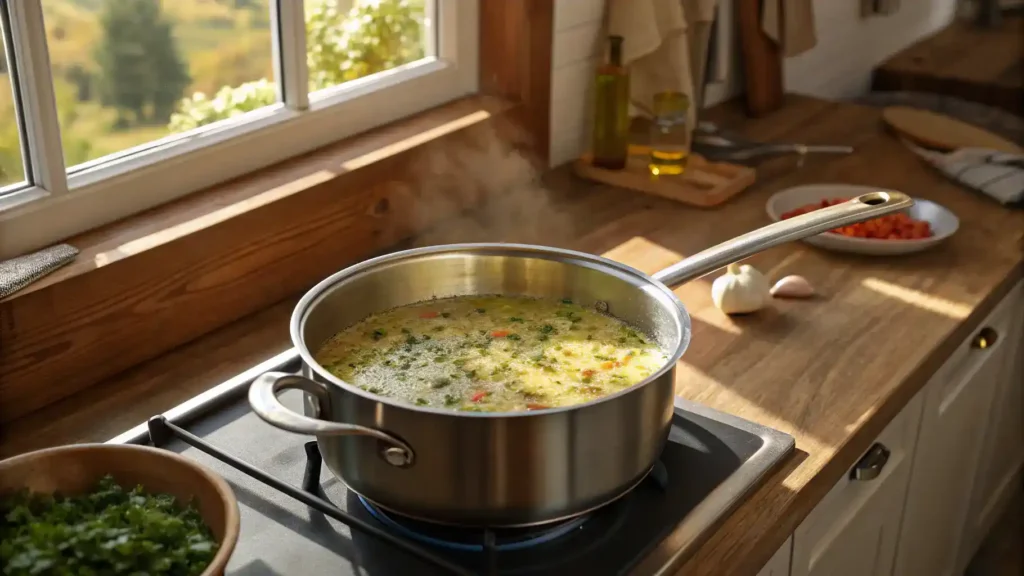 A saucepan with melted butter, garlic, and spices for seafood boil sauce.