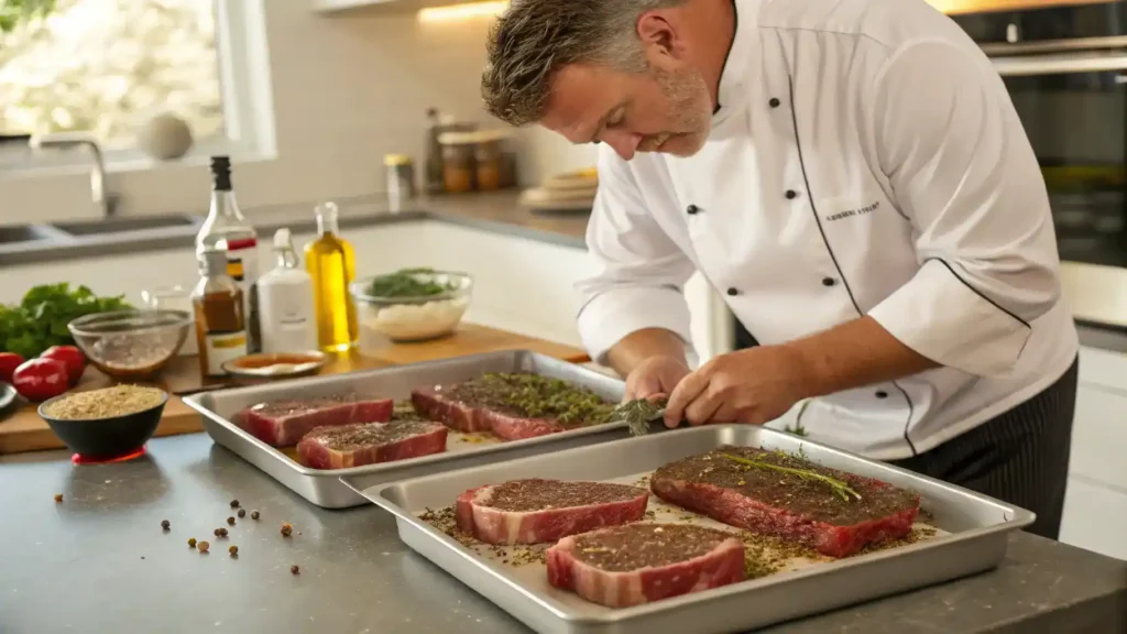 A chef marinating Riverbend Ranch steaks with spices and herbs in a kitchen.