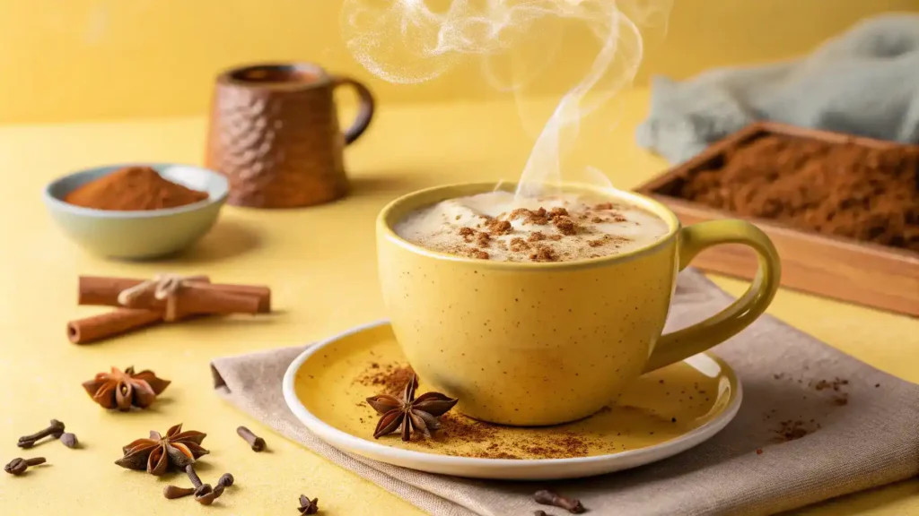 A steaming cup of Miso-Spiked Coffee with cinnamon on top.