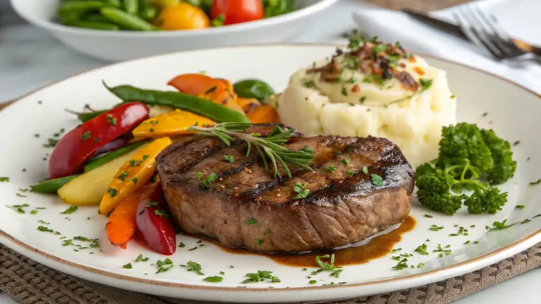 A beautifully plated Riverbend Ranch steak with sides of grilled vegetables and mashed potatoes.