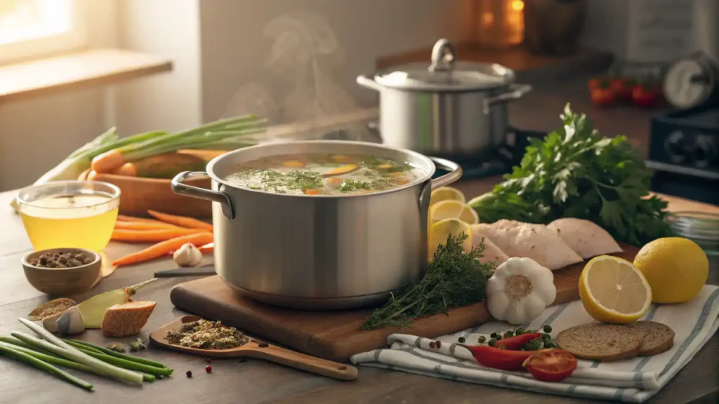 Pro tips for making caldo de pollo, including fresh herbs and a simmering pot.