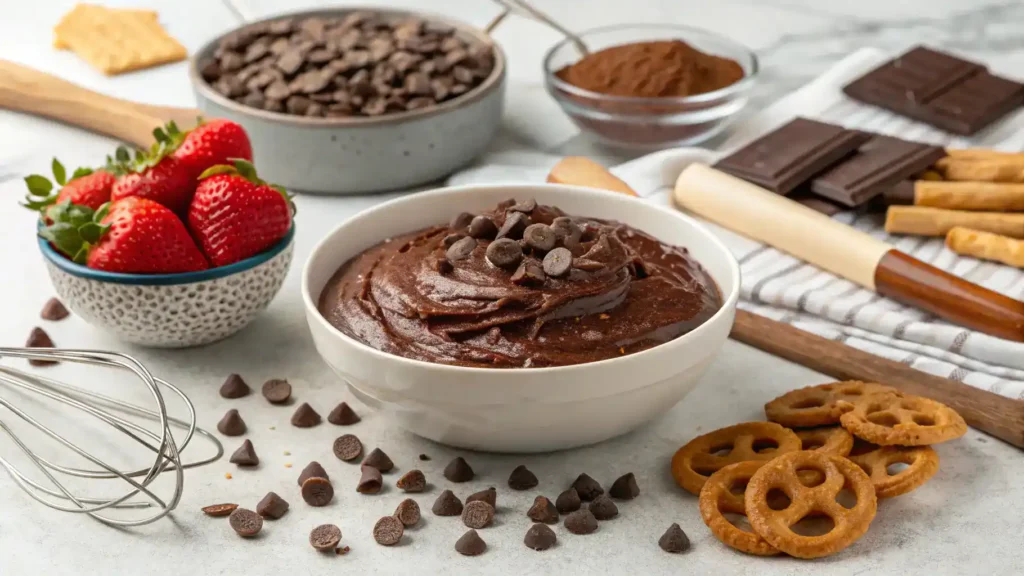 Pro tips for making brownie batter dip with ingredients and serving suggestions.