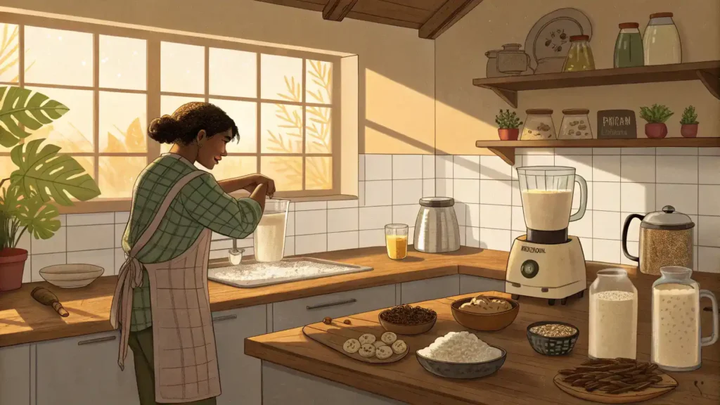 A person making horchata in a cozy kitchen setting.