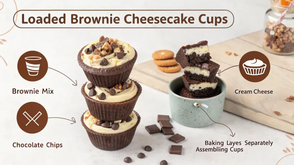 Pro tips for making Loaded Brownie Cheesecake Cups, including using room temperature cream cheese and not overmixing.