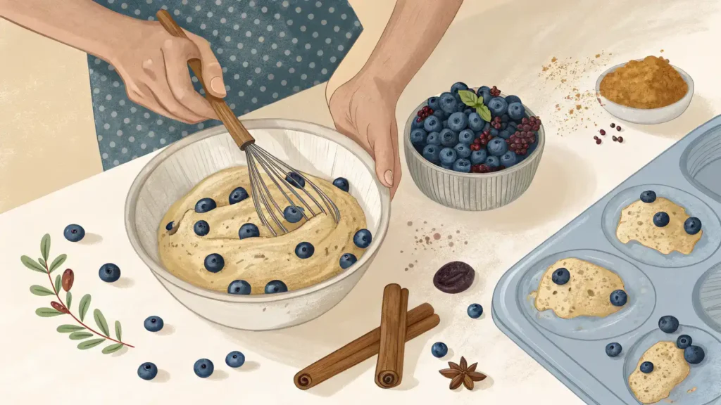 Baker mixing muffin batter with blueberries and cinnamon.