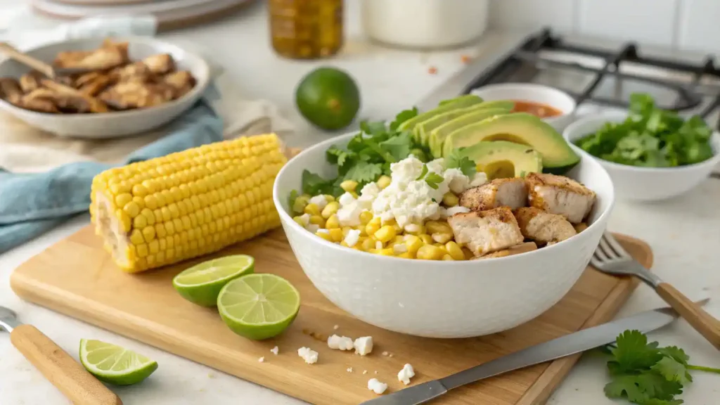 Pro tips for making a Street Corn Chicken Rice Bowl with fresh ingredients and toppings.